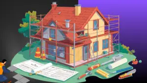 Vector illustration of a house being renovated with scaffolding and blueprints
