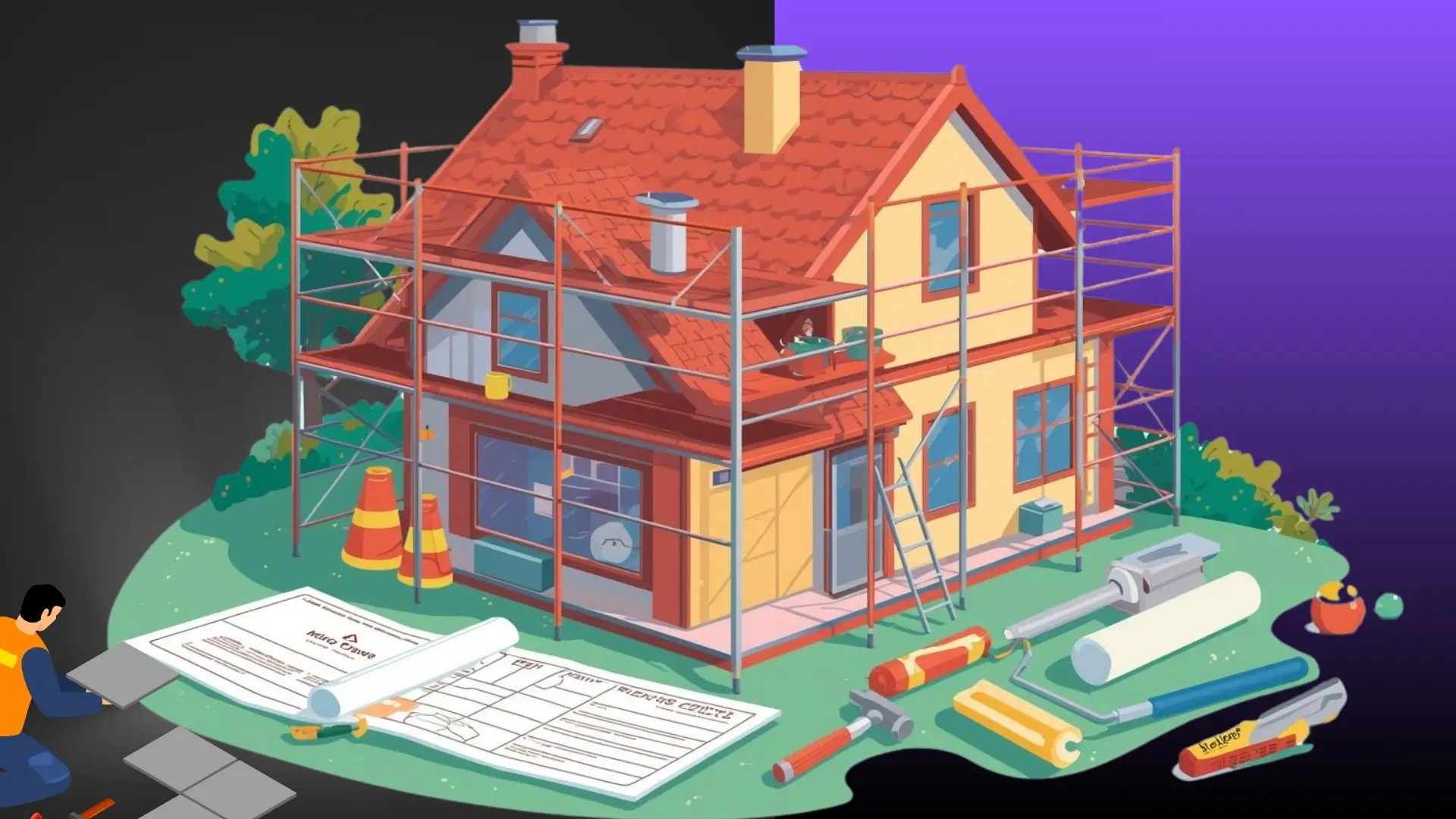 Illustration of a home renovation services project with tools and scaffolding