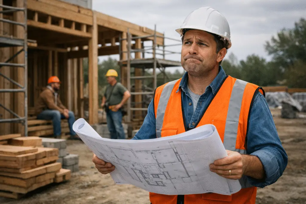 Contractor holding blueprints at early stage residential construction site with unfinished structure and idle workers in background