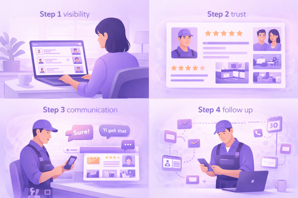 Flat vector illustration of homeowner searching for contractor on laptop, search results visible with highlighted contractor profile, clean desk setup and purple gradient lighting