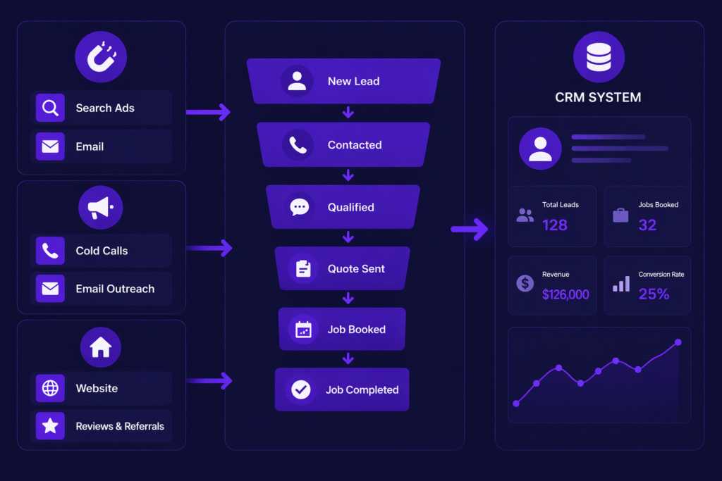Purple themed marketing funnel for contractors showing three lead sources inbound, outbound, and owned with icons, traffic from search ads, email, cold calls, and website flowing into a pipeline and then into a CRM system with performance metrics.