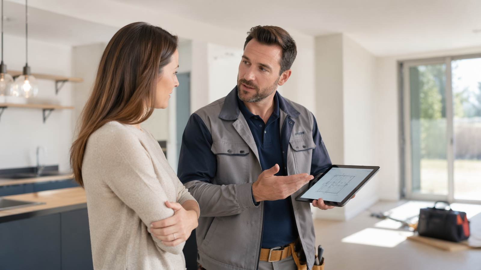 contractor discussing renovation project with homeowner in modern house
