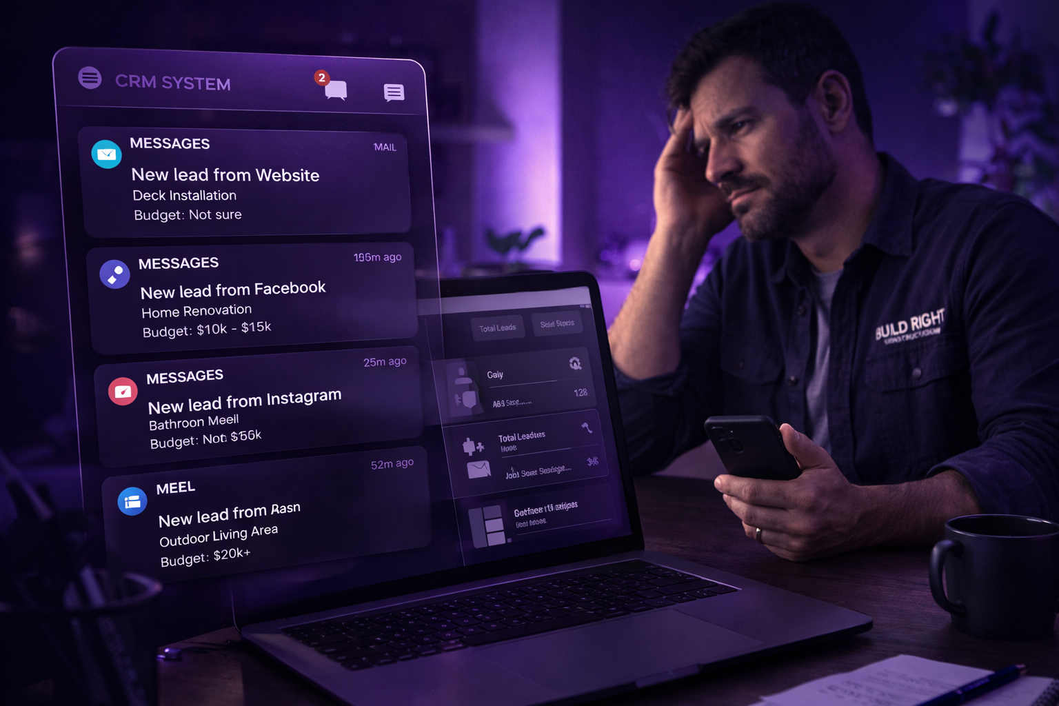 Contractor sitting at desk looking at phone while multiple unread lead notifications appear on phone and laptop screens, messages visible conceptually, purple gradient lighting highlighting missed opportunities and lack of response system