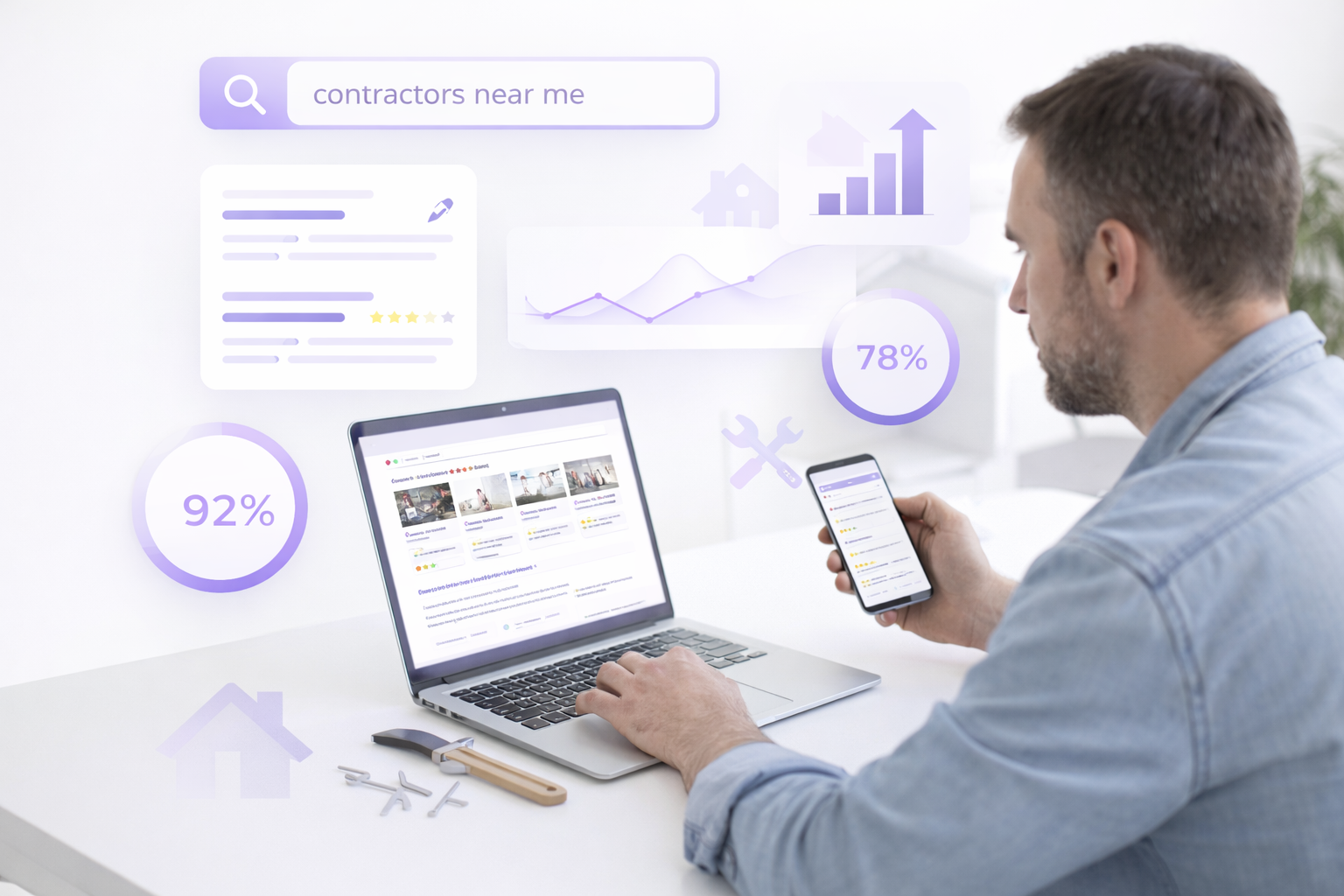 homeowner searching renovation contractors online generating home renovation leads